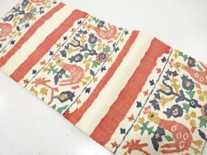 未使用品　横段に花鳥更紗模様織り出し　名古屋帯